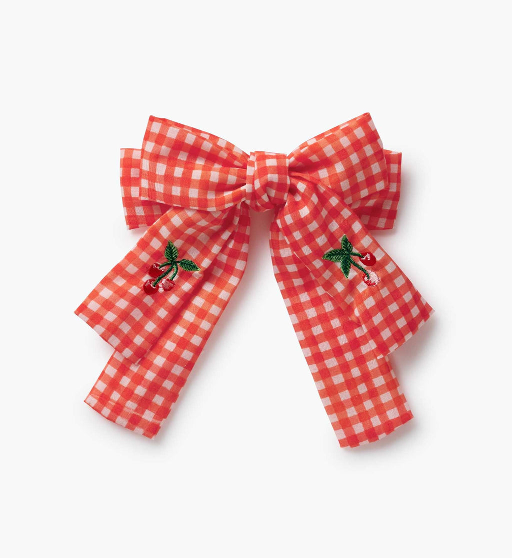 Gingham Cherries Embroidered Alligator Bow Hair Clip